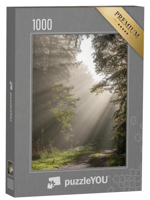 Puzzle de 1000 pièces « Rayons de soleil à travers le brouillard dans une forêt de montagne en automne. Vosges, Alsace, France. »