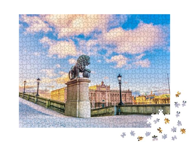Puzzle de 1000 pièces « Sculptures de lions près de l'escalier principal du Palais royal, Stockholm »
