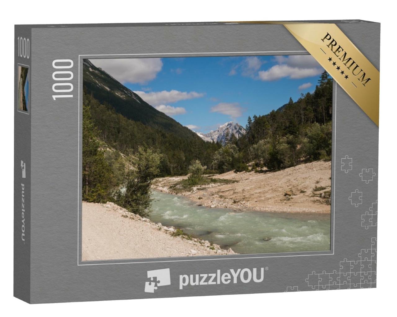 Puzzle de 1000 pièces « Vue sur l'Isar près du village de Scharnitz, Alpes autrichiennes »