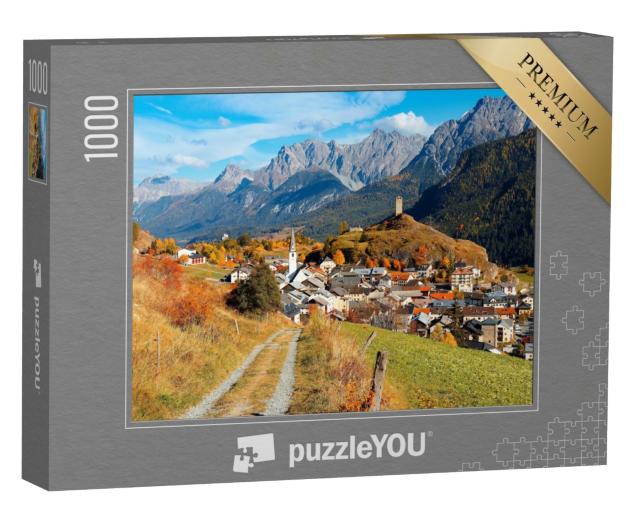 Puzzle de 1000 pièces « Paysage automnal sur un chemin menant au village d'Ardez »