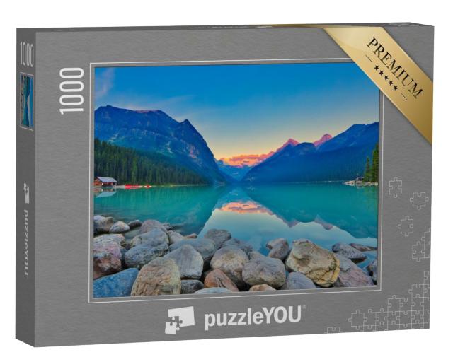 Puzzle de 1000 pièces « Vue panoramique sur le mondialement célèbre Lake Louise jusqu'au glacier Victoria »