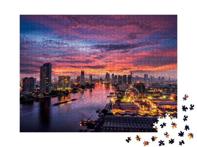 Puzzle de 1000 pièces « Lever de soleil sur le quartier des affaires de Bangkok »