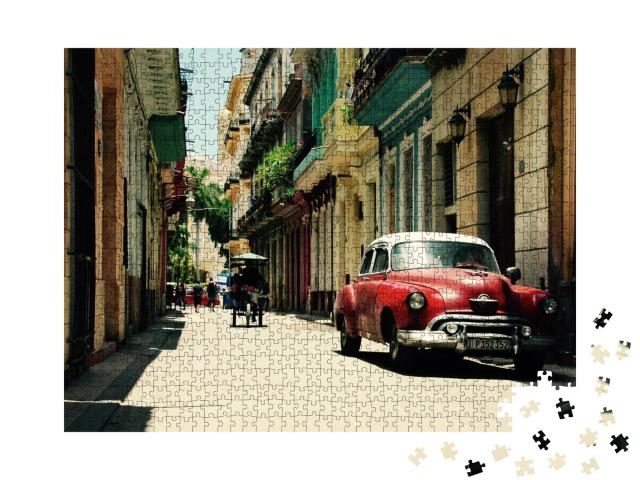 Puzzle de 1000 pièces « Voiture ancienne rouge dans les rues de La Havane, Cuba »