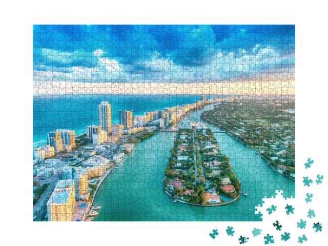 Puzzle de 1000 pièces « Miami Beach, magnifique vue aérienne des bâtiments, de la rivière et de la végétation »
