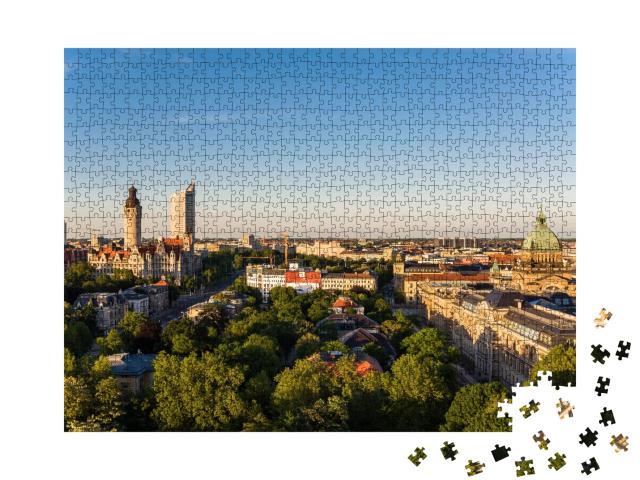 Puzzle de 1000 pièces « Skyline de Leipzig avec l'hôtel de ville au coucher du soleil, Allemagne »