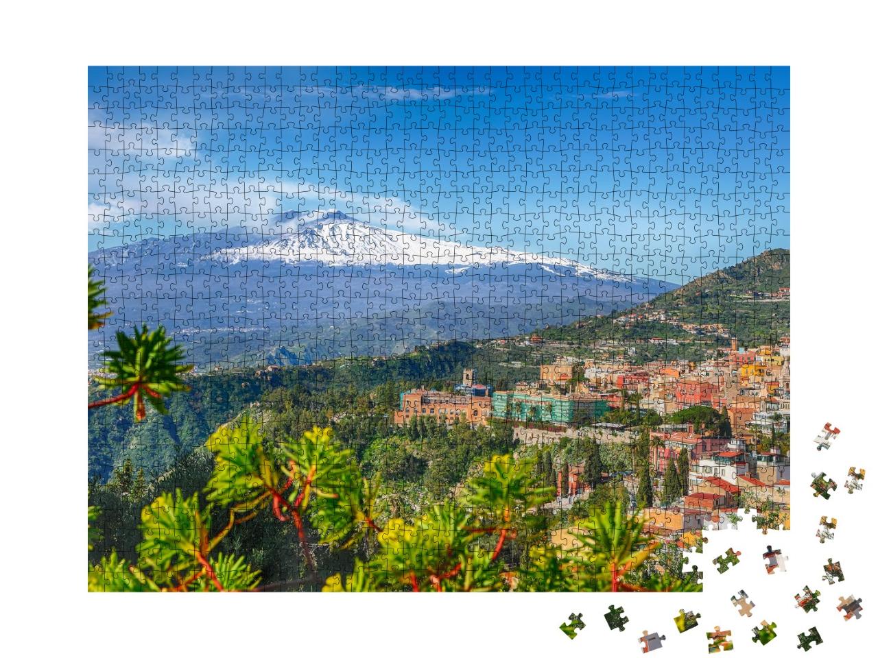 Puzzle de 1000 pièces « Volcan Etna et ville de Taormine, Sicile, Italie »