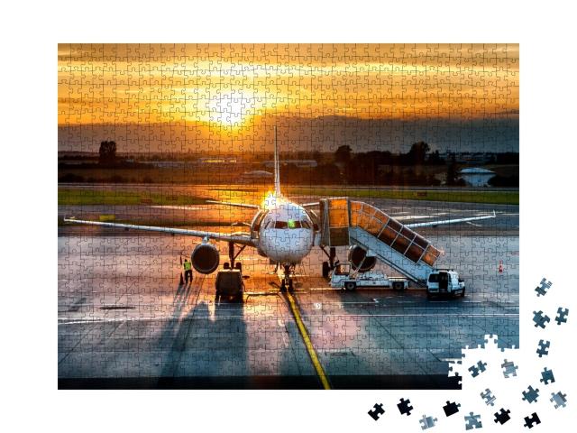 Puzzle de 1000 pièces « Avion de ligne sur la piste d'atterrissage au coucher du soleil »