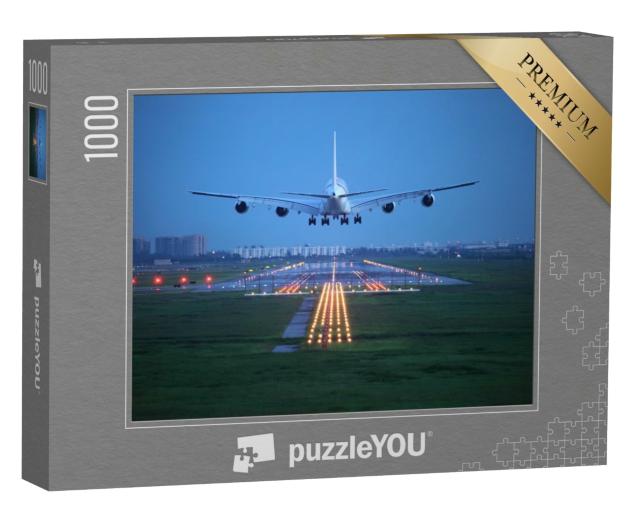 Puzzle de 1000 pièces « Avion de ligne en phase d'atterrissage à destination »