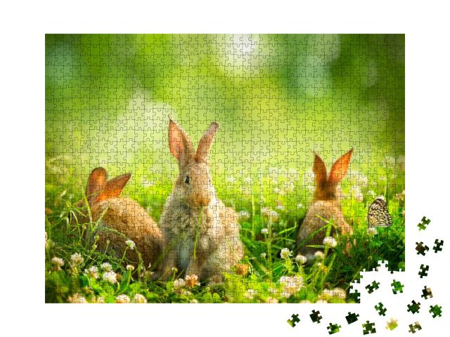 Puzzle de 1000 pièces « Des lapins parmi les fleurs printanières et l'herbe verte »