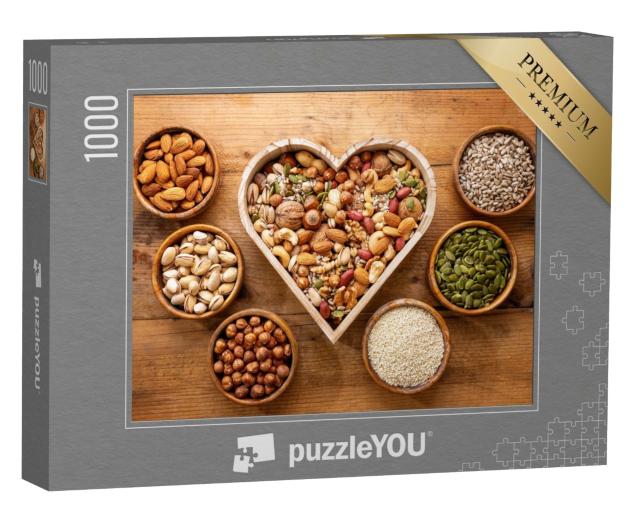 Puzzle de 1000 pièces « Boîte en forme de cœur avec mélange de noix »