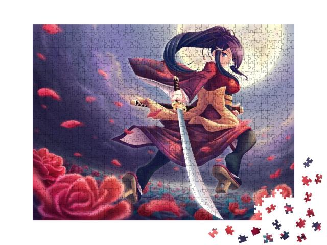 Puzzle de 1000 pièces « Samouraï à la rose : une fille dans le style de l'anime »