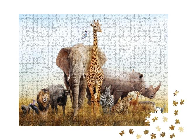 Puzzle de 1000 pièces « Nombreux animaux de safari : composition avec paysage du Kenya »