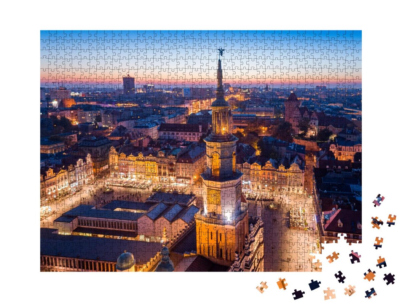Puzzle de 1000 pièces « Place centrale de Poznan : la vieille ville le soir, Pologne »