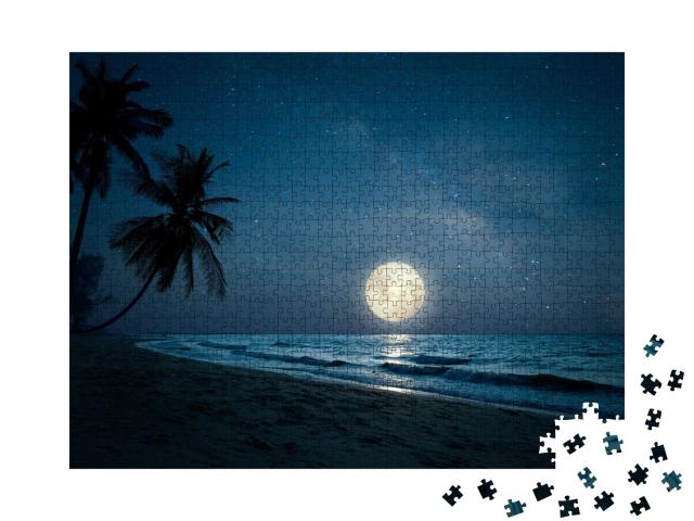 Puzzle de 1000 pièces « Nuit paradisiaque de pleine lune sur une plage tropicale bordée de palmiers »