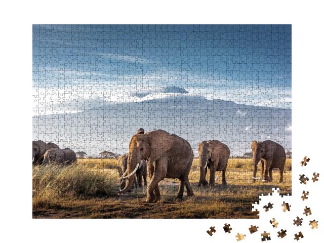 Puzzle de 1000 pièces « Troupeau de grands éléphants d'Afrique se promenant devant le Kilimandjaro au Kenya »