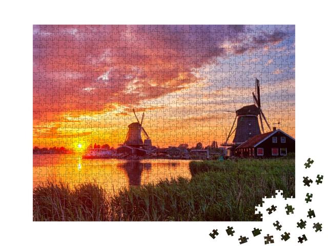 Puzzle de 1000 pièces « Moulins à vent sur le site touristique de Zaanse Schans aux Pays-Bas »