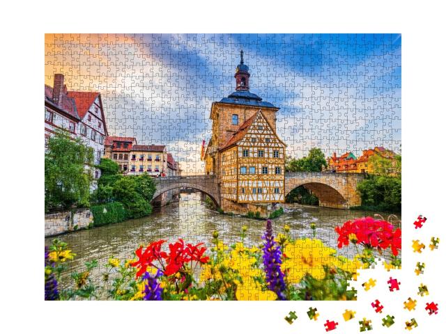 Puzzle de 1000 pièces « Ancien hôtel de ville de Bamberg avec deux ponts sur la Regnitz, Bavière »