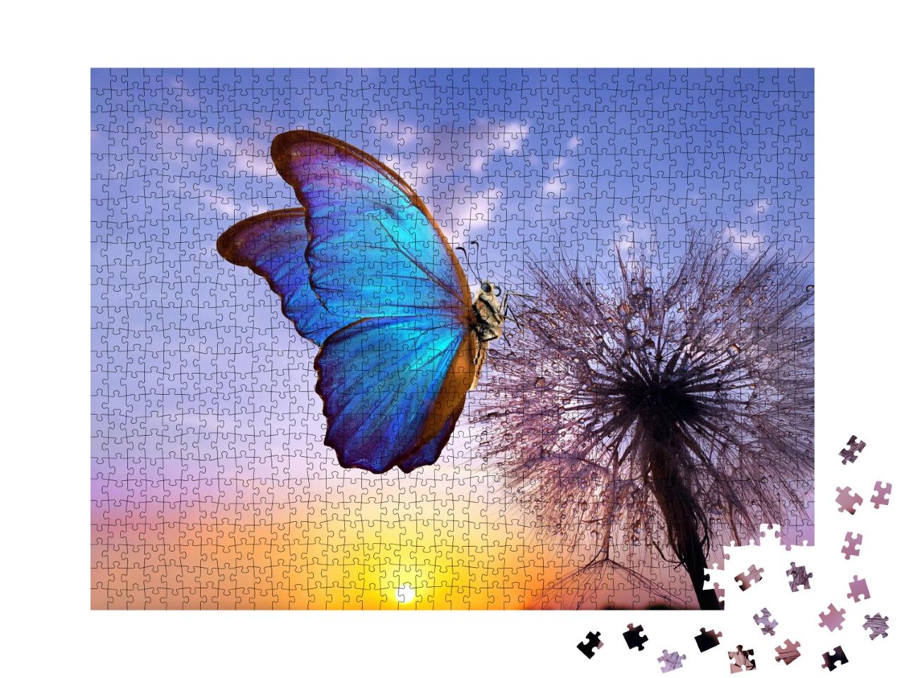Puzzle de 1000 pièces « Le papillon bleu Morpho sur une pissenlit »