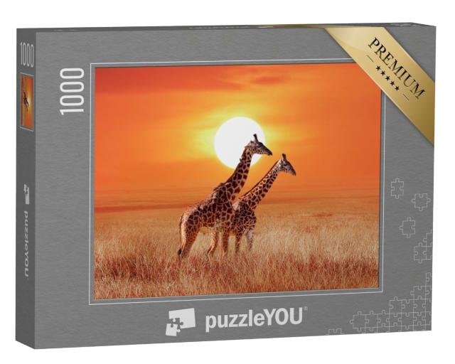 Puzzle de 1000 pièces « Girafes dans un coucher de soleil rougeoyant, parc national du Serengeti »