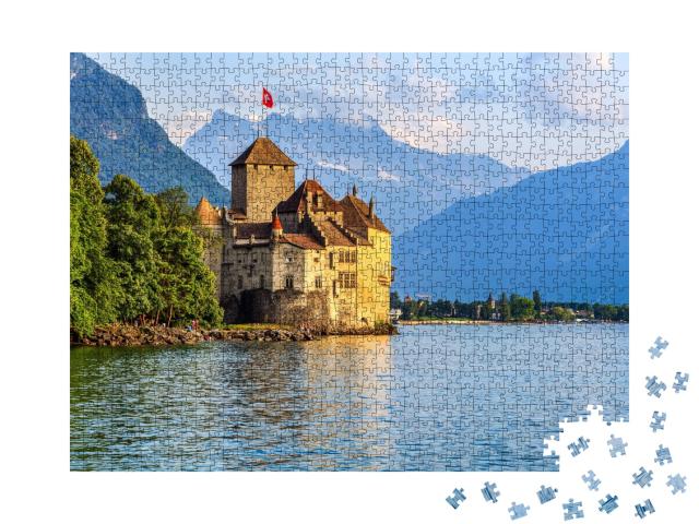 Puzzle de 1000 pièces « Coucher de soleil sur le château de Chillon au bord du lac Léman »