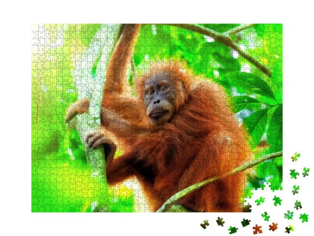 Puzzle de 1000 pièces « Un bébé orang-outan accroché à une branche en Indonésie »