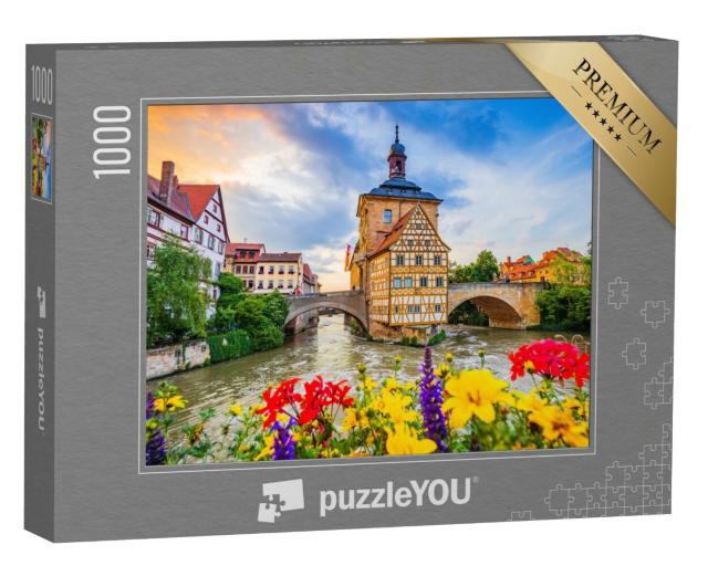 Puzzle de 1000 pièces « Ancien hôtel de ville de Bamberg avec deux ponts sur la Regnitz, Bavière »