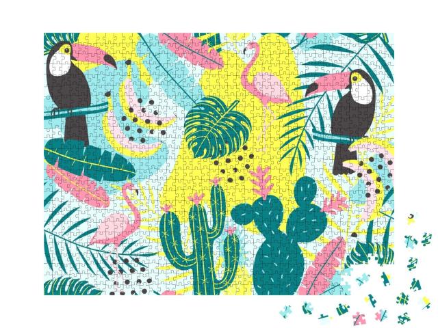 Puzzle de 1000 pièces « Illustration : motif tropical avec toucan, flamant rose et cactus »