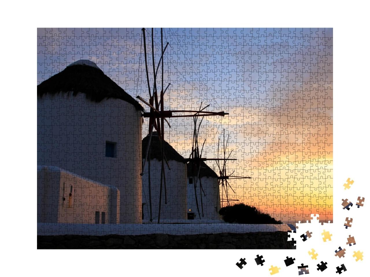 Puzzle de 1000 pièces « Moulins à vent au coucher du soleil à Mykonos, Grèce »