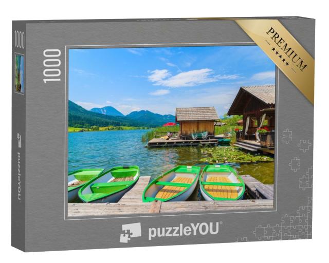 Puzzle de 1000 pièces « Bateaux de pêche et maisons en bois sur la rive »