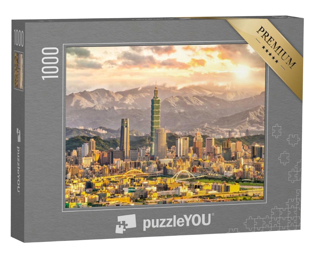 Puzzle de 1000 pièces « Skyline de Taipei avec paysage de montagne au coucher du soleil »