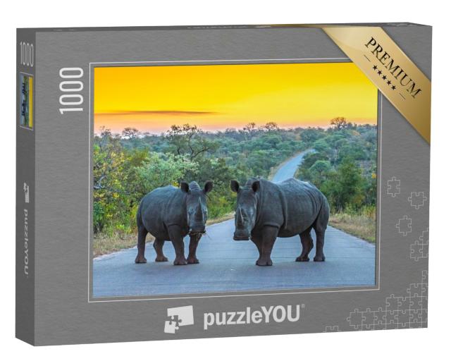 Puzzle de 1000 pièces « Deux rhinocéros sur une route au coucher du soleil, Parc national Kruger, Afrique du Sud »