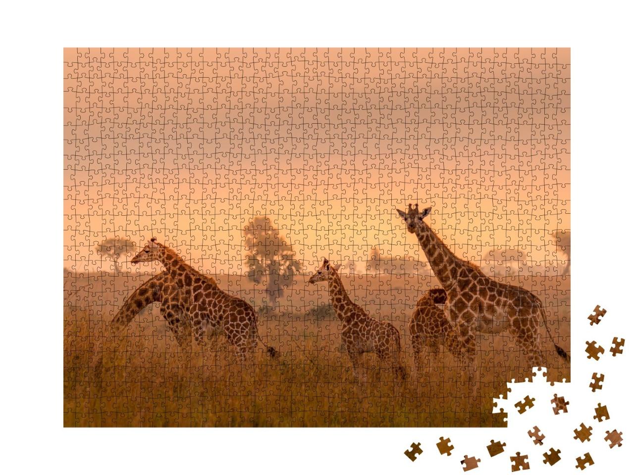 Puzzle de 1000 pièces « Girafes de Rothschild au lever du soleil, Parc national de Murchison Falls, Ouganda »