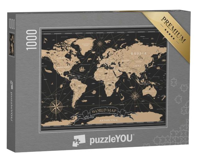 Puzzle de 1000 pièces « World Map Vintage Black Golden Detailed - Vector »