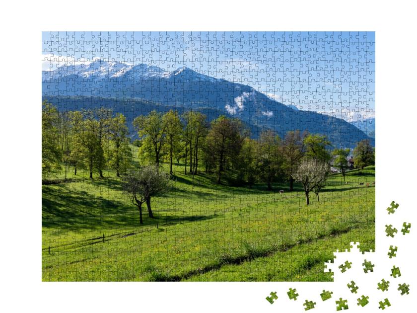 Puzzle de 1000 pièces « Paysage de montagne dans le Parc Naturel Régional des Bauges en Savoie dans les Alpes françaises au printemps »