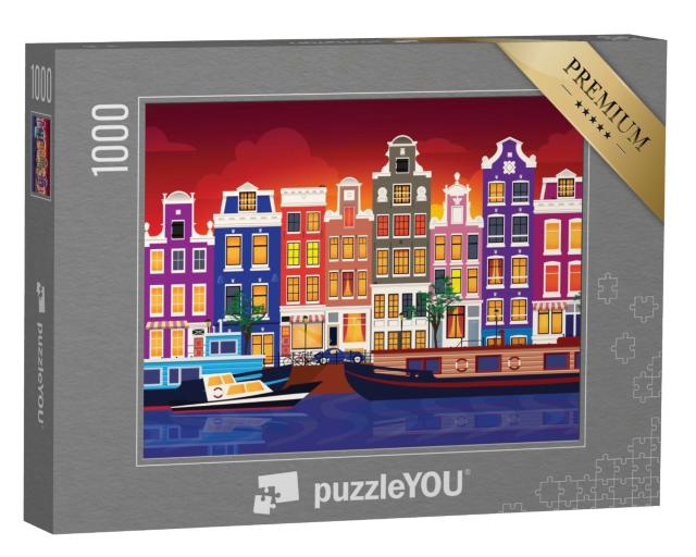 Puzzle de 1000 pièces « Illustration vectorielle des maisons colorées d'Amsterdam »