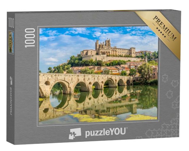 Puzzle de 1000 pièces « Vue panoramique du Vieux Pont sur l'Orb avec la cathédrale Saint-Nazaire à Béziers »