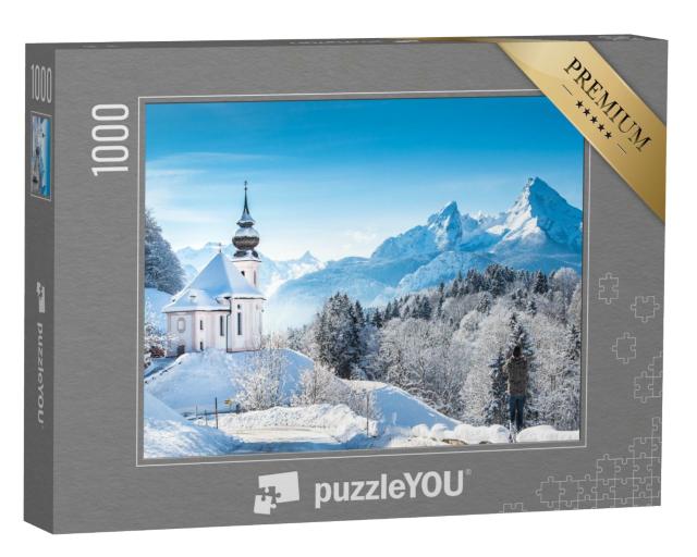 Puzzle de 1000 pièces « Sanctuaire hivernal de Maria Gern devant le Watzmann, Allemagne »