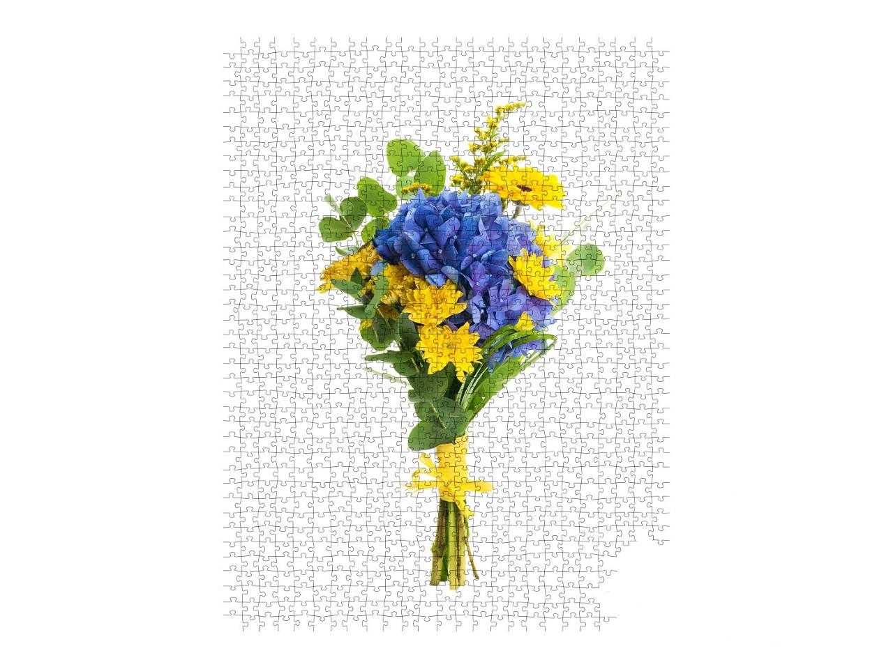 Puzzle de 1000 pièces « Bouquet d'hortensias bleus et d'asters jaunes »