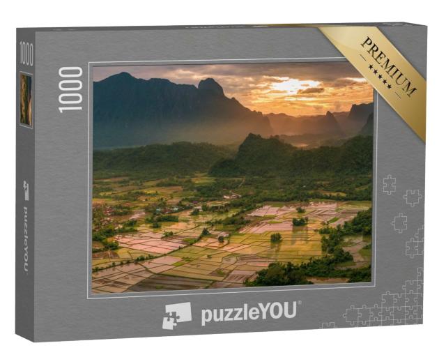 Puzzle de 1000 pièces « Coucher de soleil doré sur les rizières du Laos »