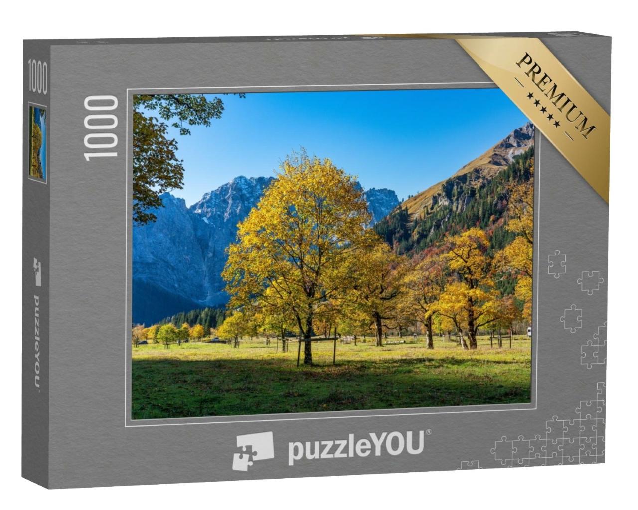 Puzzle de 1000 pièces « Vue d'automne ensoleillée sur les érables de l'Ahornboden, montagnes du Karwendel, Autriche »