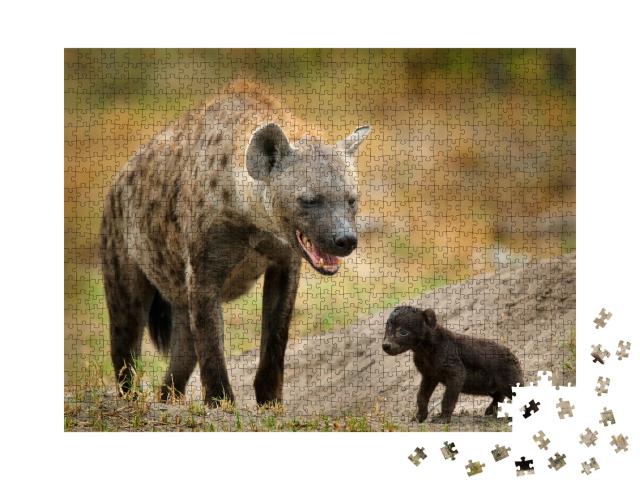 Puzzle de 1000 pièces « Jeune hyène nouveau-née avec sa mère, Okavango, Botswana »