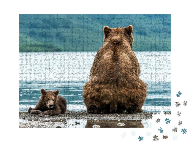 Puzzle de 1000 pièces « Une mère ours et son ourson sur la plage »