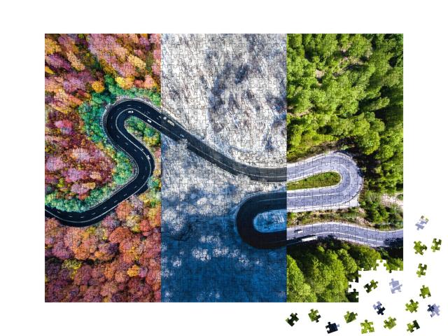 Puzzle de 1000 pièces « Route sinueuse dans la forêt au fil des saisons »