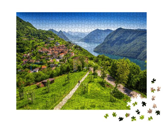 Puzzle de 1000 pièces « Vue sur la ville de Lugano et le lac de Lugano »