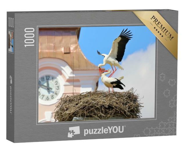Puzzle de 1000 pièces « Accouplement de cigognes blanches au nid sur une église »