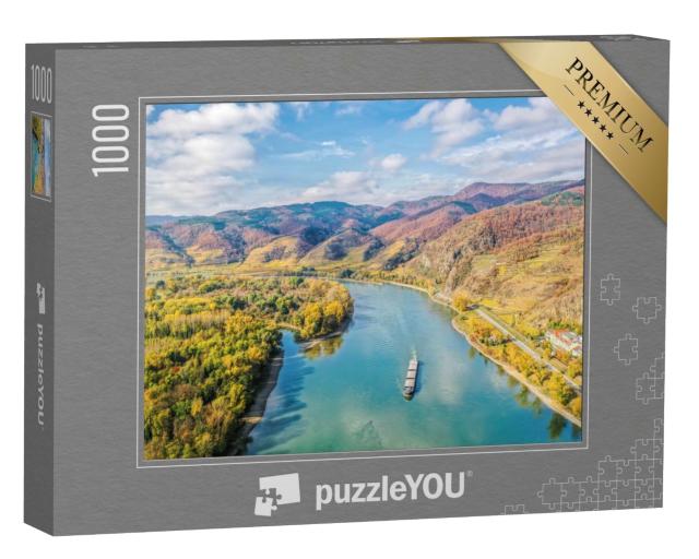 Puzzle de 1000 pièces « Panorama de la vallée de la Wachau avec bateau sur le Danube »
