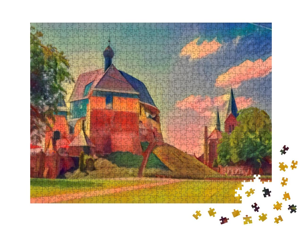 Puzzle de 1000 pièces « dans le style artistique de Franz Marc - château et église à Keverburg sur la Meuse, Pays-Bas »