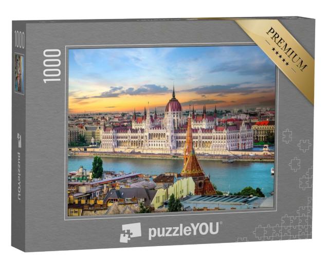 Puzzle de 1000 pièces « Coucher de soleil sur des monuments célèbres de Budapest »