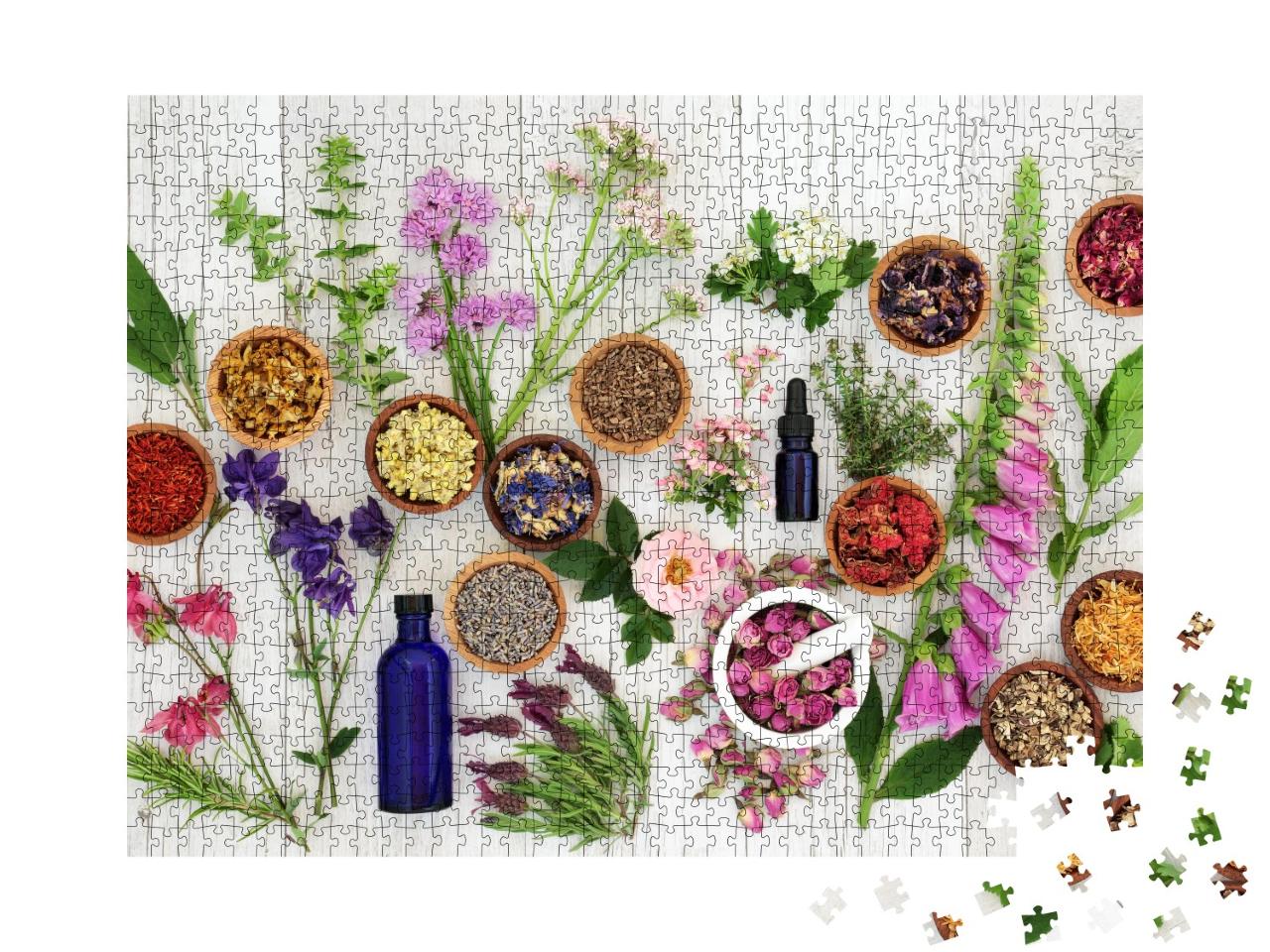 Puzzle de 1000 pièces « Sélection d'herbes et de fleurs dans des coupes en bois »