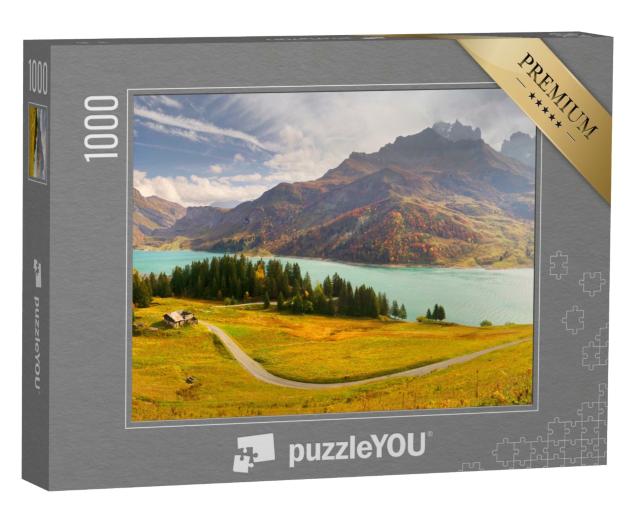 Puzzle de 1000 pièces « Lac de Roselend vu du ciel. Scène d'automne pittoresque d'Auvergne-Rhône-Alpes »